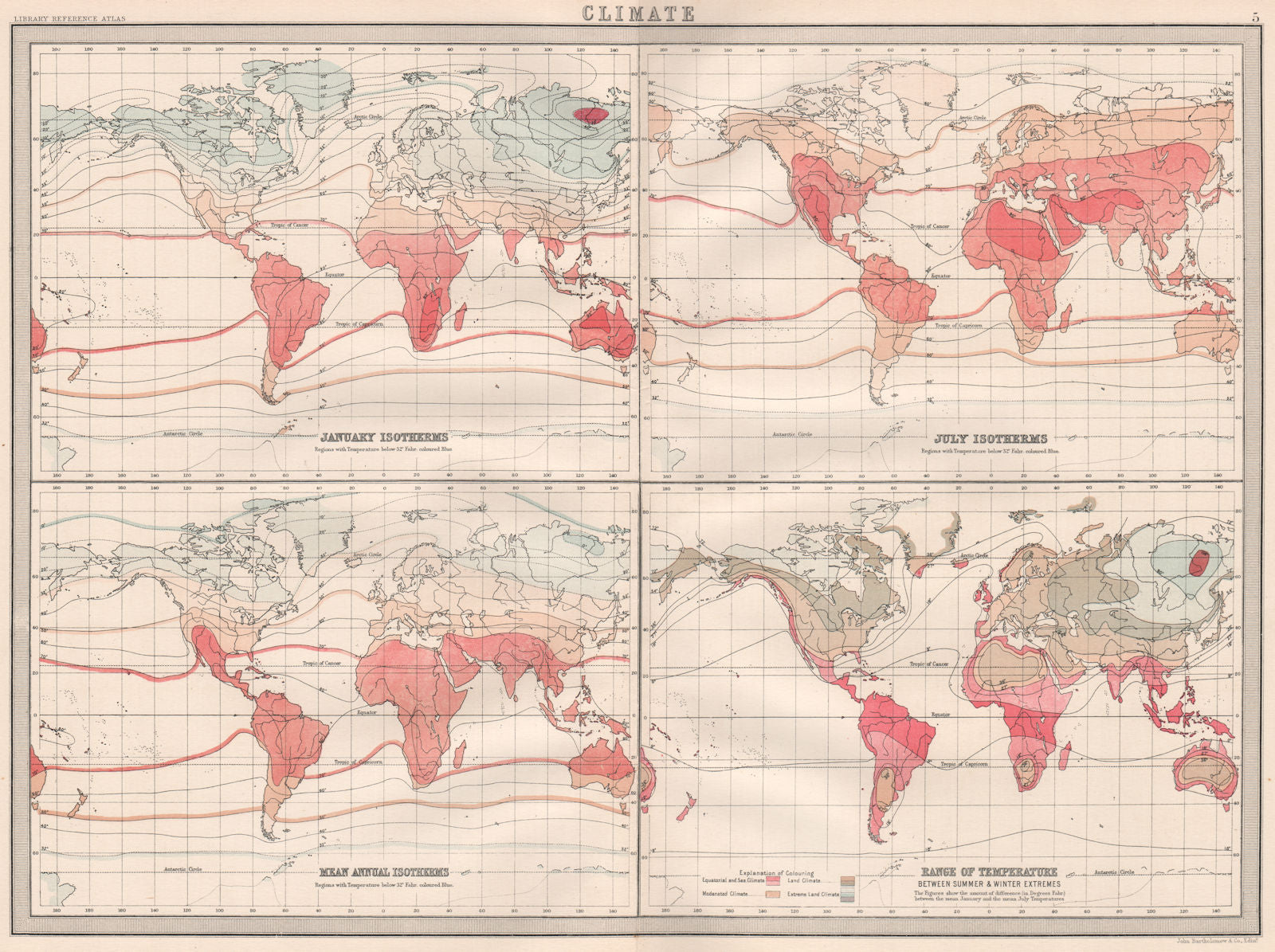 WORLD TEMPERATURE.January July Isotherms.Temperature range.BARTHOLOMEW 1890 map